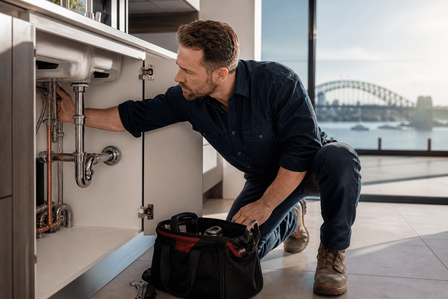 Harbour Plumbing technician repairing kitchen plumbing in a Sydney home